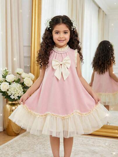 SHEIN Elladie kids فستان بتصميم جميل للفتيات الصغيرات مع ربطة عقدة وكشكشة على الحافة بألوان متباينة