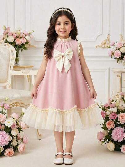 SHEIN Elladie kids فستان بتصميم جميل للفتيات الصغيرات مع ربطة عقدة وكشكشة على الحافة بألوان متباينة