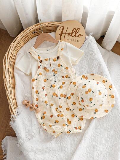 SHEIN Playful Pals رومبير رضيع ذات نمط ثمرة المشمش مع قبعة، مناسبة للخروجات اليومية، التجمعات العائلية، حفلات عيد الميلاد، المناسبات، التصوير الفوتوغرافي، ملابس عيد الحب