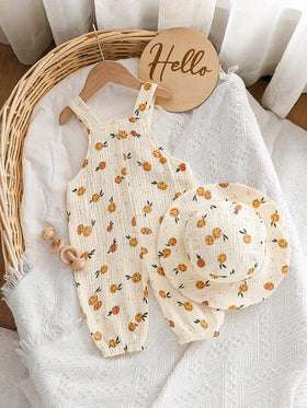 SHEIN Playful Pals رومبير رضيع ذات نمط ثمرة المشمش مع قبعة، مناسبة للخروجات اليومية، التجمعات العائلية، حفلات عيد الميلاد، المناسبات، التصوير الفوتوغرافي، ملابس عيد الحب