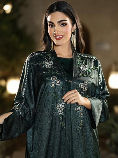 Layrah رمضان فستان طويل أنيق مزين باليدوي بالراين ستون للنساء