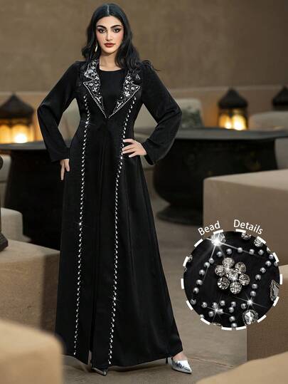 Layrah رمضان معطف أبايا طويل مزين باللؤلؤ الاصطناعي مصنوع يدويًا مع طوق بدلة