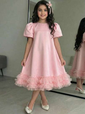 SHEIN فستان كاجوال للفتاة الصغيرة من خليط الصوف المنسوج بياقة مستديرة وأكمام جيجوت مع قطع شبكية
