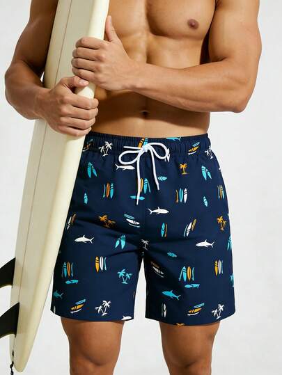 Manfinity Swimmode شورت شاطئ رجالي مطبوع بطبعة السمك ذو خصر بسحاب للصيف