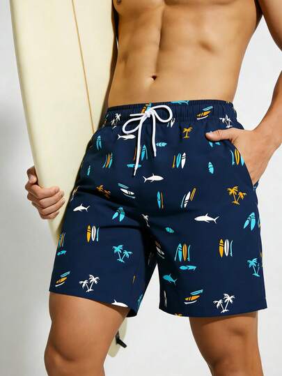 Manfinity Swimmode شورت شاطئ رجالي مطبوع بطبعة السمك ذو خصر بسحاب للصيف