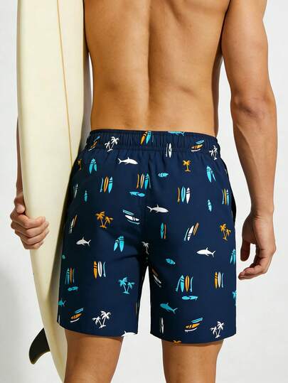 Manfinity Swimmode شورت شاطئ رجالي مطبوع بطبعة السمك ذو خصر بسحاب للصيف