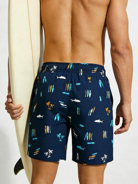 Manfinity Swimmode شورت شاطئ رجالي مطبوع بطبعة السمك ذو خصر بسحاب للصيف