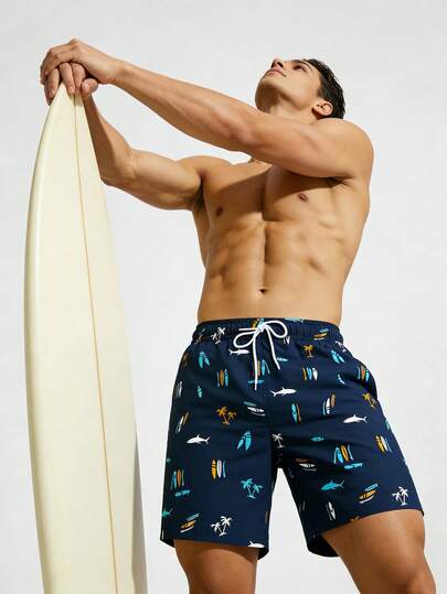 Manfinity Swimmode شورت شاطئ رجالي مطبوع بطبعة السمك ذو خصر بسحاب للصيف