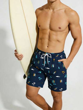 Manfinity Swimmode شورت شاطئ رجالي مطبوع بطبعة السمك ذو خصر بسحاب للصيف