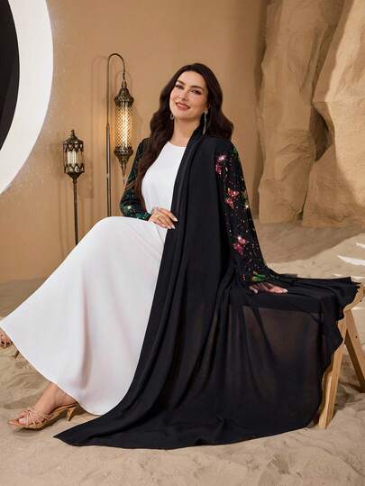 Al Najma عباءة فضفاضة عادية مطرزة بالترتر على شكل فراشات، أكمام طويلة، مناسبة للربيع والخريف، مقاس كبير