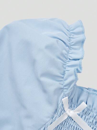 SHEIN فستان أنيق أسود متوسط الطول للمراهقات، ذو رقبة مربعة وأكمام منتفخة، خصر مربوط بفيونكة، تنورة منبثقة، مناسب للتجمعات العائلية والحفلات والارتداء اليومي