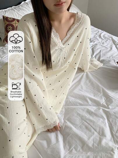 Dazy Plus بيجامة مجموعة سراويل مستقيمة فضفاضة مع تباين الدانتيل نقاط بولكا للنساء كبيرة الحجم، ملابس منزلية مريحة للربيع والخريف