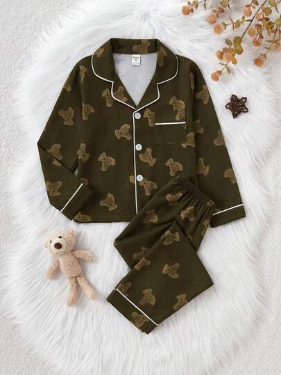 مجموعة ملابس منزلية كاجوال لفتاة صغيرة تتكون من كارديجان بياقة دب وبنطلون، قطعتان