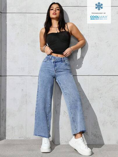 SHEIN PETITE جينز مستقيم الساق مع جيوب مائلة، كاجوال للاستخدام اليومي للنساء