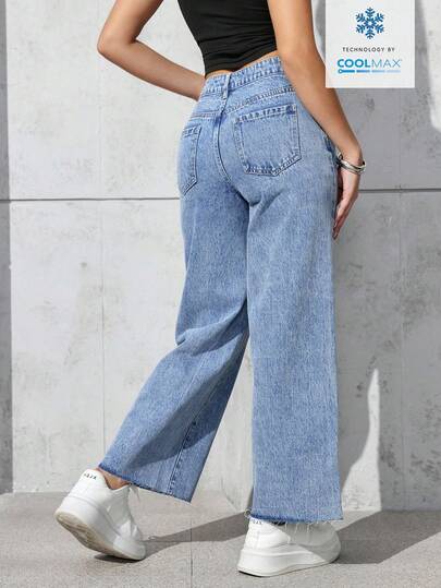 SHEIN PETITE جينز مستقيم الساق مع جيوب مائلة، كاجوال للاستخدام اليومي للنساء