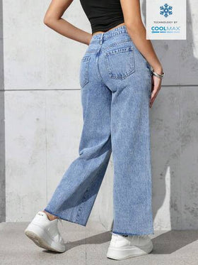 SHEIN PETITE جينز مستقيم الساق مع جيوب مائلة، كاجوال للاستخدام اليومي للنساء