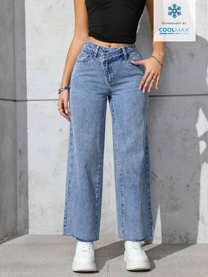SHEIN PETITE جينز مستقيم الساق مع جيوب مائلة، كاجوال للاستخدام اليومي للنساء