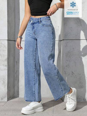 SHEIN PETITE جينز مستقيم الساق مع جيوب مائلة، كاجوال للاستخدام اليومي للنساء