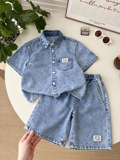 LMoss Kids مجموعة قميص أكمام قصيرة وشورت من الجينز الأزرق للأولاد الصغار، 2 قطعة