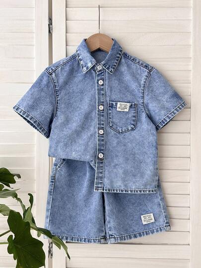 LMoss Kids مجموعة قميص أكمام قصيرة وشورت من الجينز الأزرق للأولاد الصغار، 2 قطعة