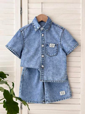 LMoss Kids مجموعة قميص أكمام قصيرة وشورت من الجينز الأزرق للأولاد الصغار، 2 قطعة