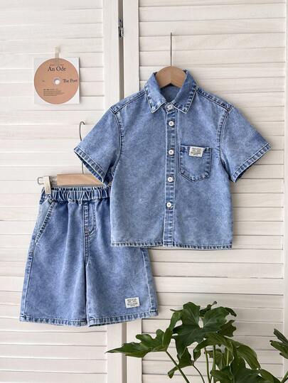 LMoss Kids مجموعة قميص أكمام قصيرة وشورت من الجينز الأزرق للأولاد الصغار، 2 قطعة