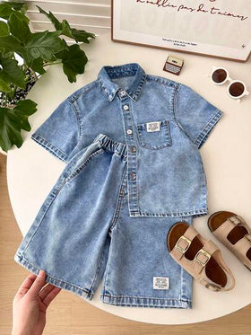 LMoss Kids مجموعة قميص أكمام قصيرة وشورت من الجينز الأزرق للأولاد الصغار، 2 قطعة