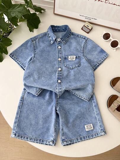 LMoss Kids مجموعة قميص أكمام قصيرة وشورت من الجينز الأزرق للأولاد الصغار، 2 قطعة