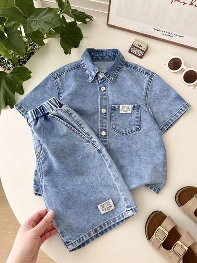 LMoss Kids مجموعة قميص أكمام قصيرة وشورت من الجينز الأزرق للأولاد الصغار، 2 قطعة