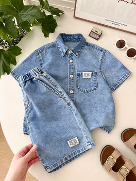 LMoss Kids مجموعة قميص أكمام قصيرة وشورت من الجينز الأزرق للأولاد الصغار، 2 قطعة