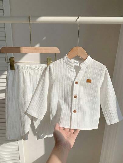 LMoss Kids مجموعة قميص وبنطلون كاجوال ذات لون أحادي مُنسوجة للأطفال الصبيان، 2 قطعة