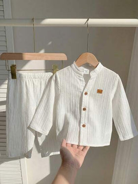 LMoss Kids مجموعة قميص وبنطلون كاجوال ذات لون أحادي مُنسوجة للأطفال الصبيان، 2 قطعة