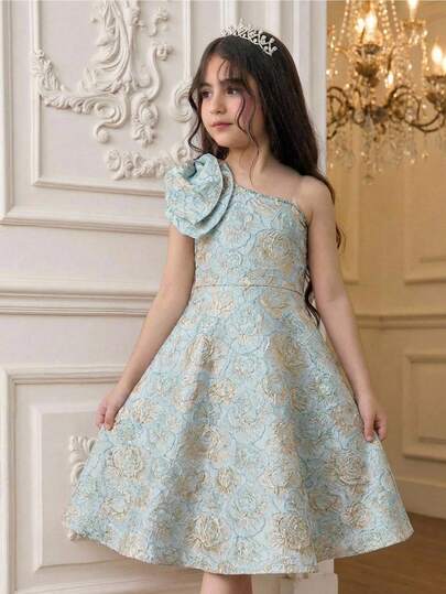 SHEIN فستان أنيق بطول الركبة مزين بفراشة من قماش البروكار الأزهار لفتيات المراهقات، مناسب للحفلات والعودة إلى المدرسة والأسلوب الأنيق والأميري وحفلات الزفاف وأعياد الميلاد، بتصميم كتف غير متماثل وخصر مناسب