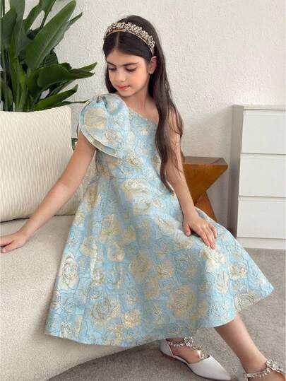 SHEIN فستان أنيق بطول الركبة مزين بفراشة من قماش البروكار الأزهار لفتيات المراهقات، مناسب للحفلات والعودة إلى المدرسة والأسلوب الأنيق والأميري وحفلات الزفاف وأعياد الميلاد، بتصميم كتف غير متماثل وخصر مناسب