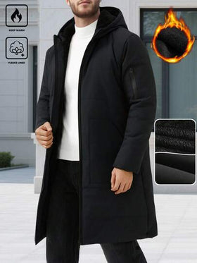 Manfinity Homme معطف شتوي طويل الأكمام مبطن بالحرارة ذو لون أحادي بتصميم بسيط وكاجوال مع كابوشون، خريف