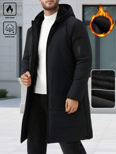 Manfinity Homme معطف شتوي طويل الأكمام مبطن بالحرارة ذو لون أحادي بتصميم بسيط وكاجوال مع كابوشون، خريف