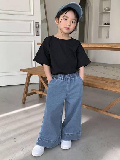 Dazy Kids بنطلون جينز فضفاض بخصر مطاطي وجيوب للفتيات الصغيرات