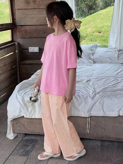 Dazy Kids طقم بنطلون وتي شيرت كاجوال مريح للبنات، قصير الأكمام بياقة دائرية، مناسب للربيع والصيف