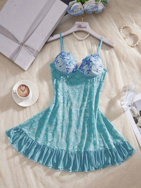 Crystal Vow 1 قطعة من قماش الدانتيل الأزرق النعناعي المزين بالورود، مع شبكة للصدر مزينة بتطريز ثلاثي الأبعاد + تنورة شيفون مكشكشة، قميص نوم مخصر