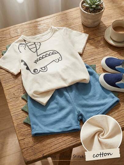 Cozy Pixies تي شيرت قصير الأكمام للأطفال الرضع ذو طبعات كرتونية لديناصورات بتصميم ثلاثي الأبعاد للرسوم المتحركة سبايك وياقة دائرية وسروال قصير للملابس الكاجوال.