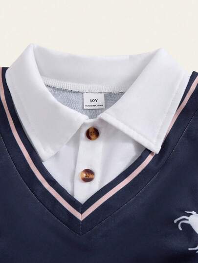 SHEIN Casuvi Kids مجموعة بولو بياقة بحرية للأولاد المراهقين 2 في 1 مطرزة بخطوط، وبنطلون ساق مستقيمة بلون الخاكي، مناسبة للاستخدام اليومي والكمبوس الرجعي والملابس الرياضية الشارعية وعودة للمدرسة في الربيع والخريف