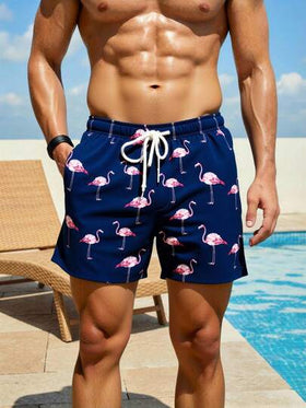 Manfinity Swimmode شورت شاطئ كاجوال للرجال مطبوع بطبعة البلاميجو مع رباط سحب