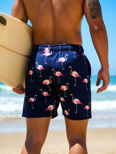 Manfinity Swimmode شورت شاطئ كاجوال للرجال مطبوع بطبعة البلاميجو مع رباط سحب