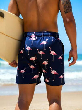 Manfinity Swimmode شورت شاطئ كاجوال للرجال مطبوع بطبعة البلاميجو مع رباط سحب
