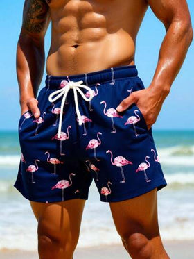 Manfinity Swimmode شورت شاطئ كاجوال للرجال مطبوع بطبعة البلاميجو مع رباط سحب