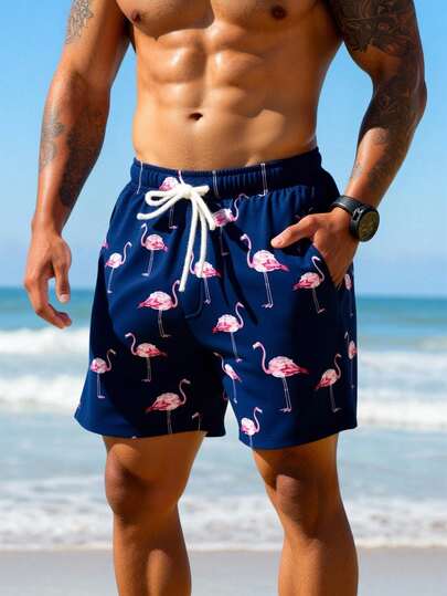 Manfinity Swimmode شورت شاطئ كاجوال للرجال مطبوع بطبعة البلاميجو مع رباط سحب