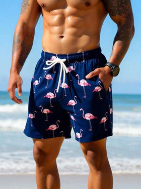 Manfinity Swimmode شورت شاطئ كاجوال للرجال مطبوع بطبعة البلاميجو مع رباط سحب