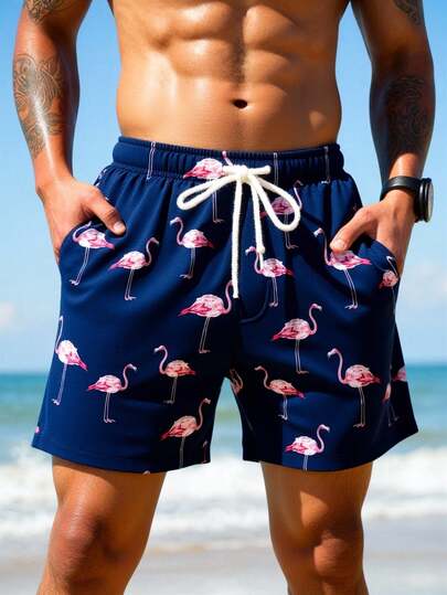 Manfinity Swimmode شورت شاطئ كاجوال للرجال مطبوع بطبعة البلاميجو مع رباط سحب