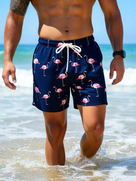Manfinity Swimmode شورت شاطئ كاجوال للرجال مطبوع بطبعة البلاميجو مع رباط سحب