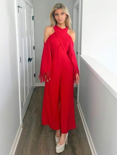 Sydney Algeri جمبسوت نسائية طويلة الأكمام ذات لون أحمر لامع وياقة على شكل صليب مع شراريب، موديل جديد لخريف وشتاء 2025، مناسبة للحفلات والمناسبات اليومية، حفلات البلد، هالوين، عيد الميلاد، السهرات، حفلات الزفاف، حفلات الغداء